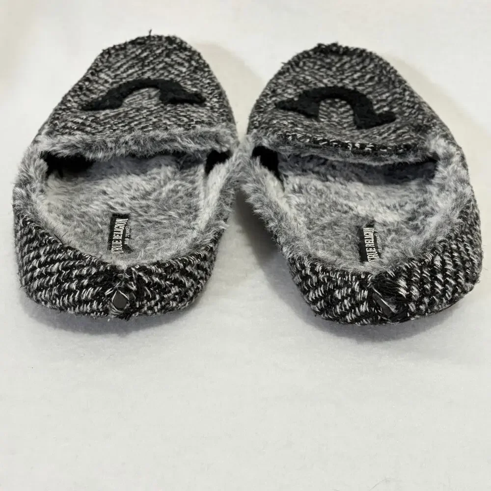 True Religion Mens Large 11-12 Herringbone Gray Faux Fur Lined Slip On Slippers